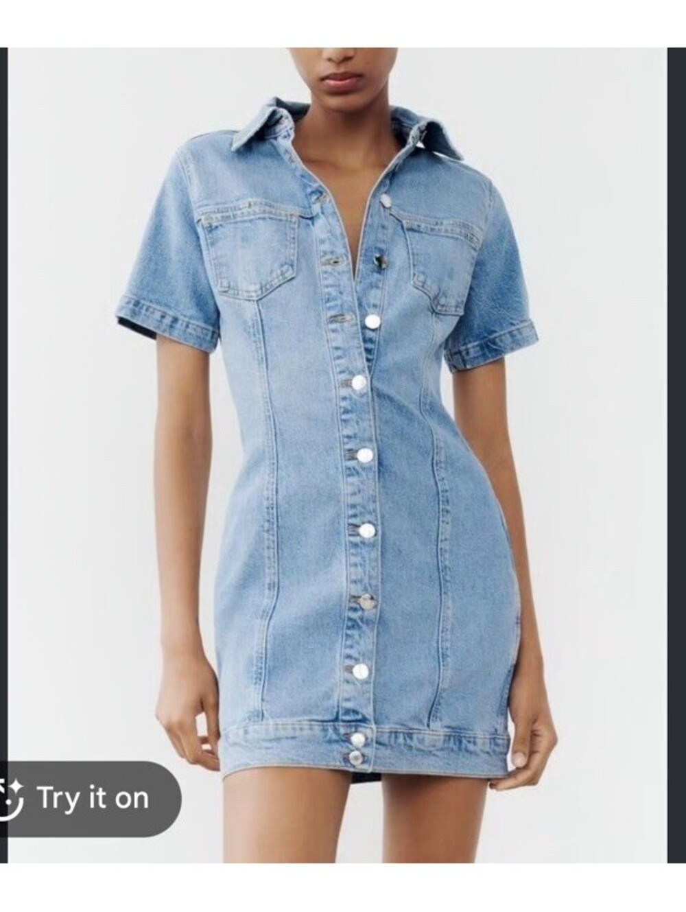 Zara Collared Short Sleeve Light Wash Denim Mkni Dress. Size Small. Retail $98